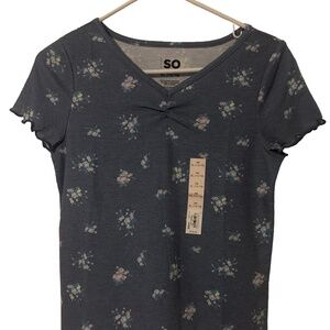 SO Girls XL 14/16 Floral Ribbed Tee Blue V-Neck Short Sleeve NWT